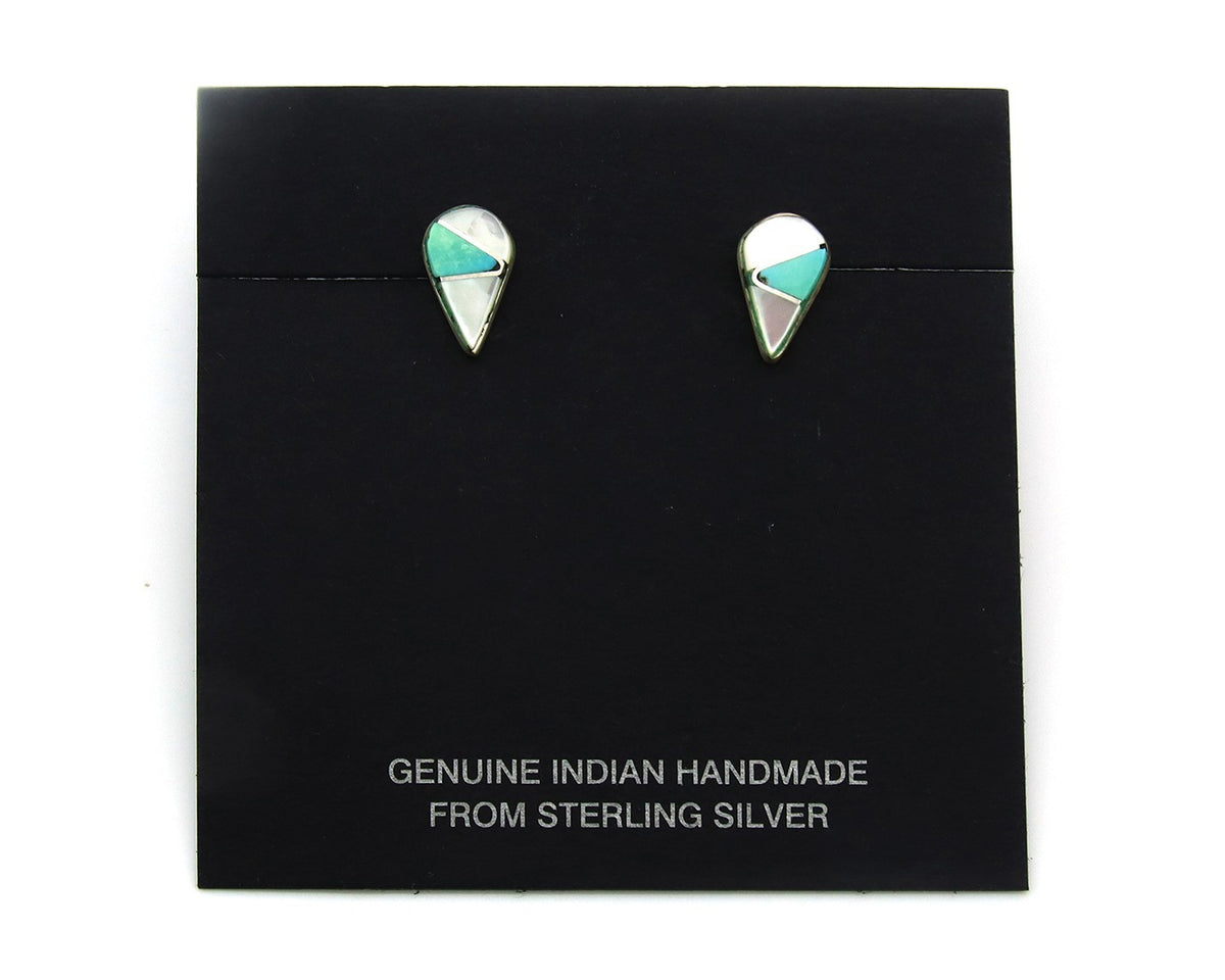 Navajo Earrings Sterling Silver Inlaid Turquoise & MOP Vintage Handmade