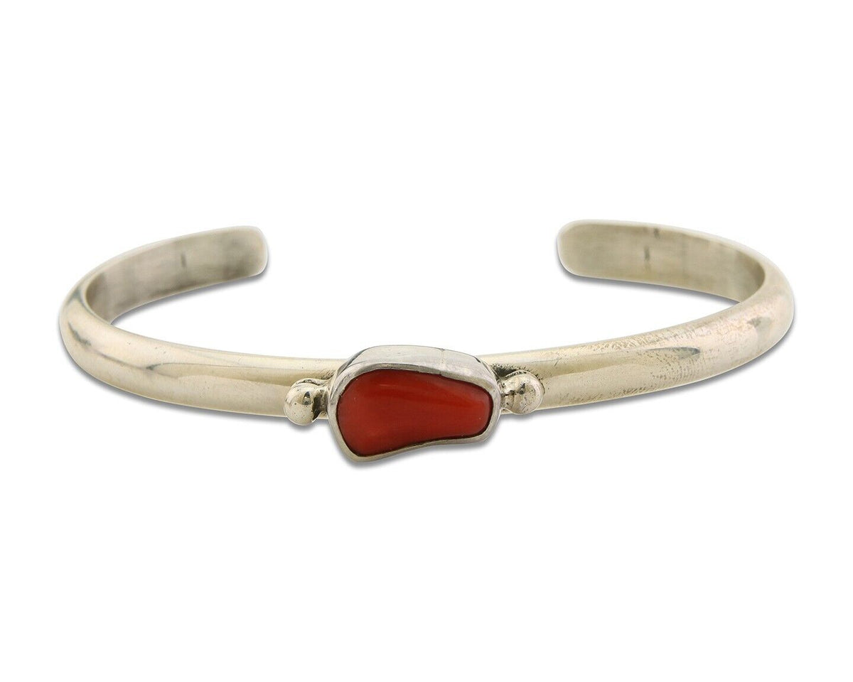 Navajo Bracelet .925 Silver Mediterranean Red Coral Cuff Native Artist C.80's