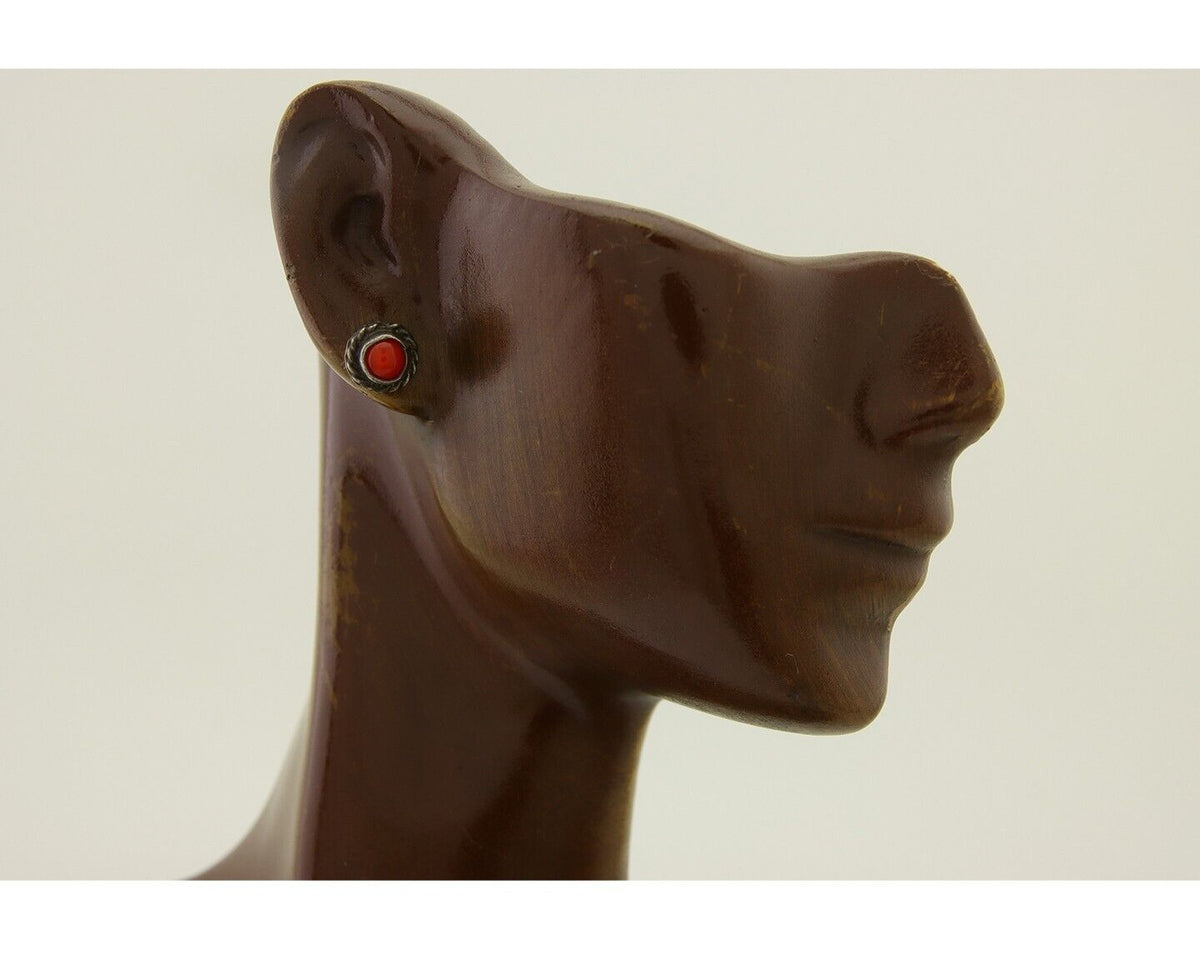 Navajo Earrings 925 Silver Natural Red Coral Native American Artist C.80's