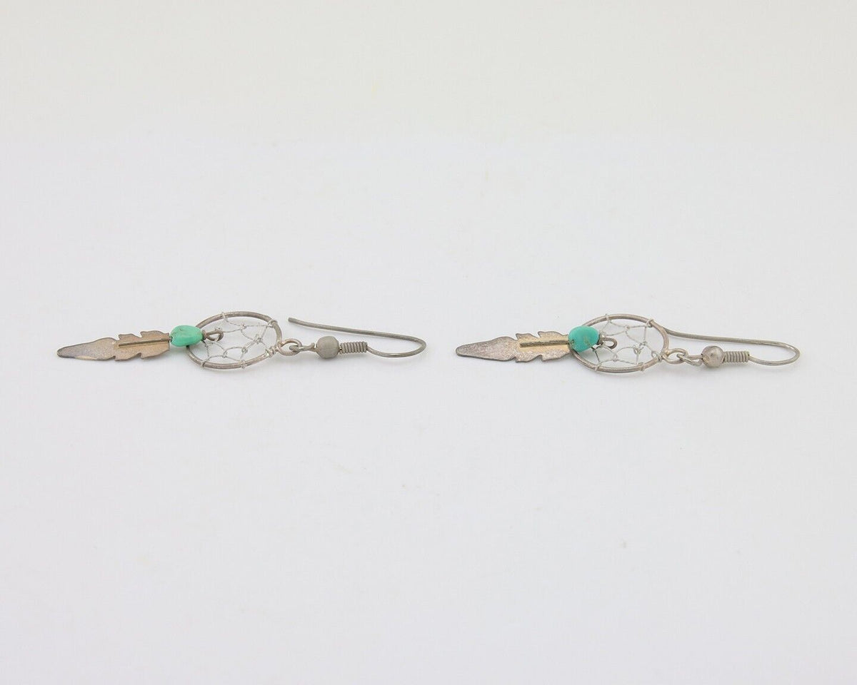 Navajo Dangle Dream Catcher Earrings 925 Silver Blue Turquoise Native Artist C80