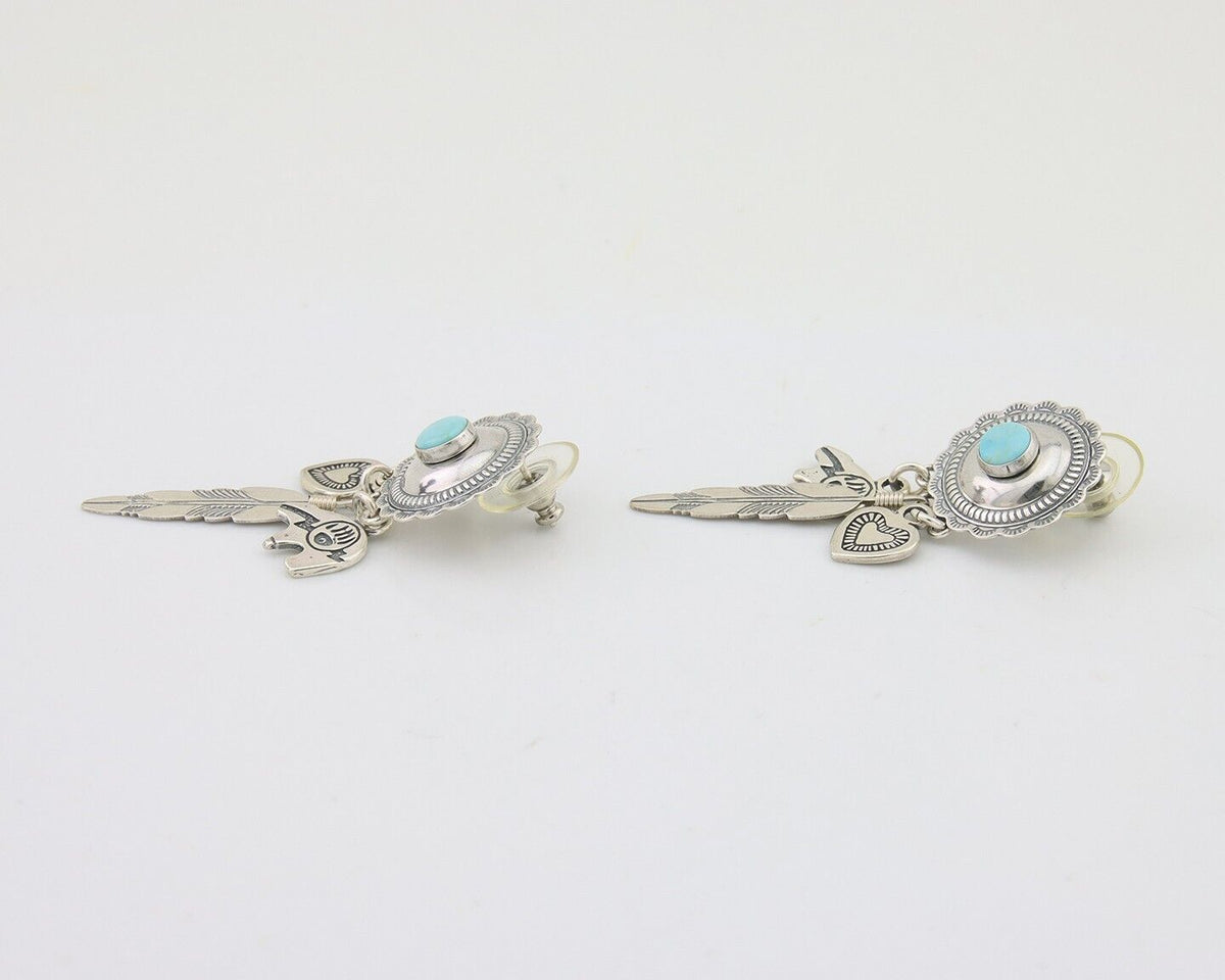 Navajo Concho Dangle Bear Feather Heart Earrings 925 Silver Natural Turquoise