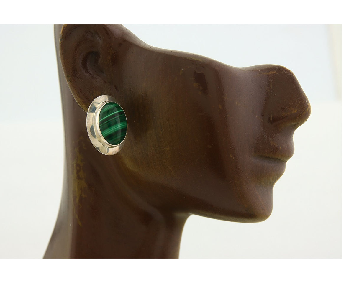 Navajo Earrings 925 Silver Natural Malachite Native American Artist C.80's