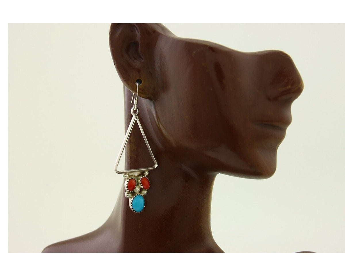Navajo Earrings 925 Silver Turquoise & Coral Native American Artist C.80's