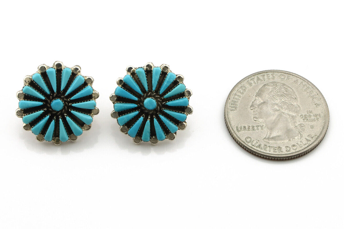 Zuni Earrings .925 Silver Petti Point Natural Blue Turquoise Native Artist C.80s