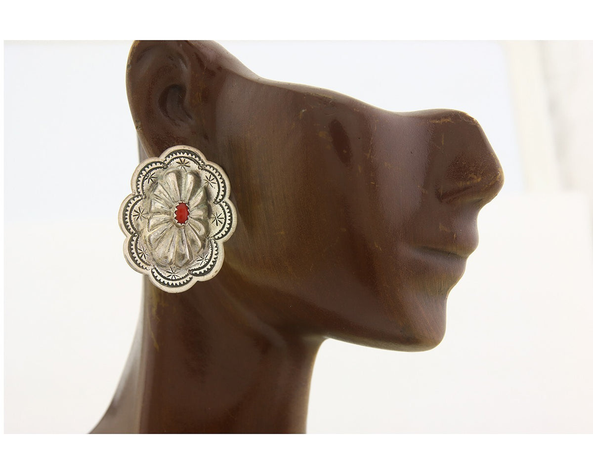 Navajo Earrings 925 Silver Natural Coral Native American Artist C.80's