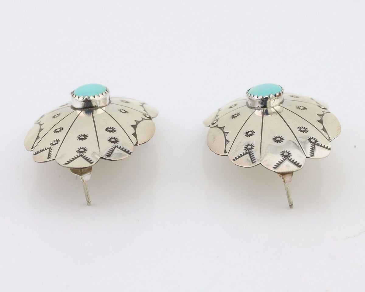 Navajo Hand Stamped Shield Earrings 925 Silver Turquoise Native Artist C.80's