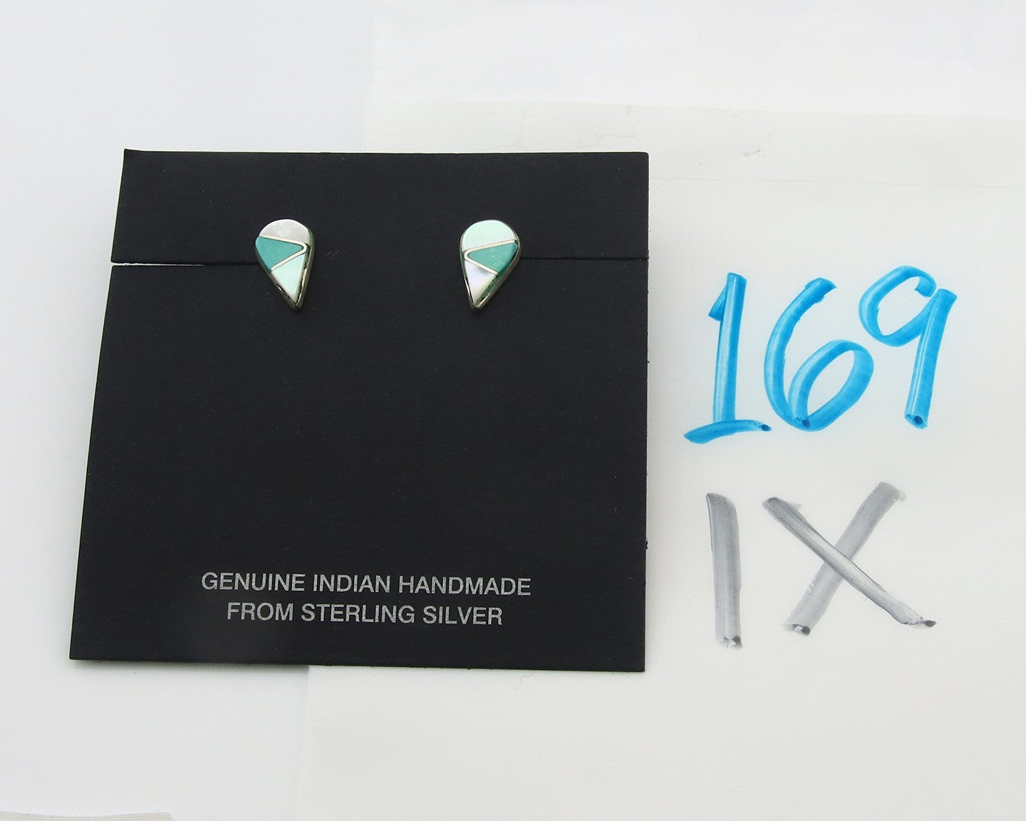 Navajo Earrings Sterling Silver Inlaid Turquoise & MOP Vintage Handmade