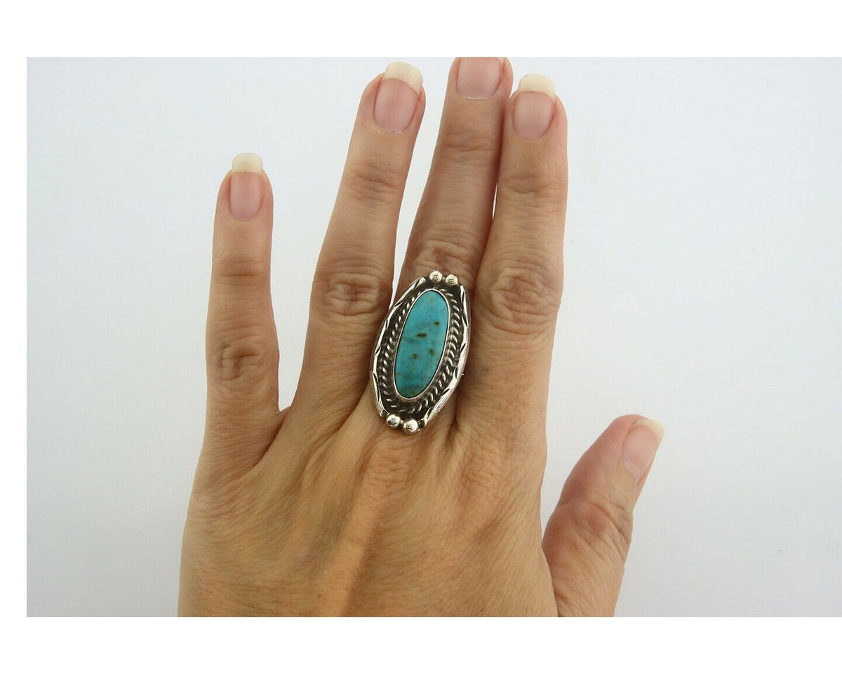Navajo Ring 925 Sterling Turquoise Handmade Native Artist C.80's Size 7.5