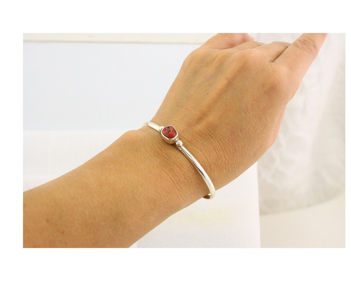 Navajo Bracelet .925 Silver Mediterranean Red Coral Cuff Native Artist C.80's