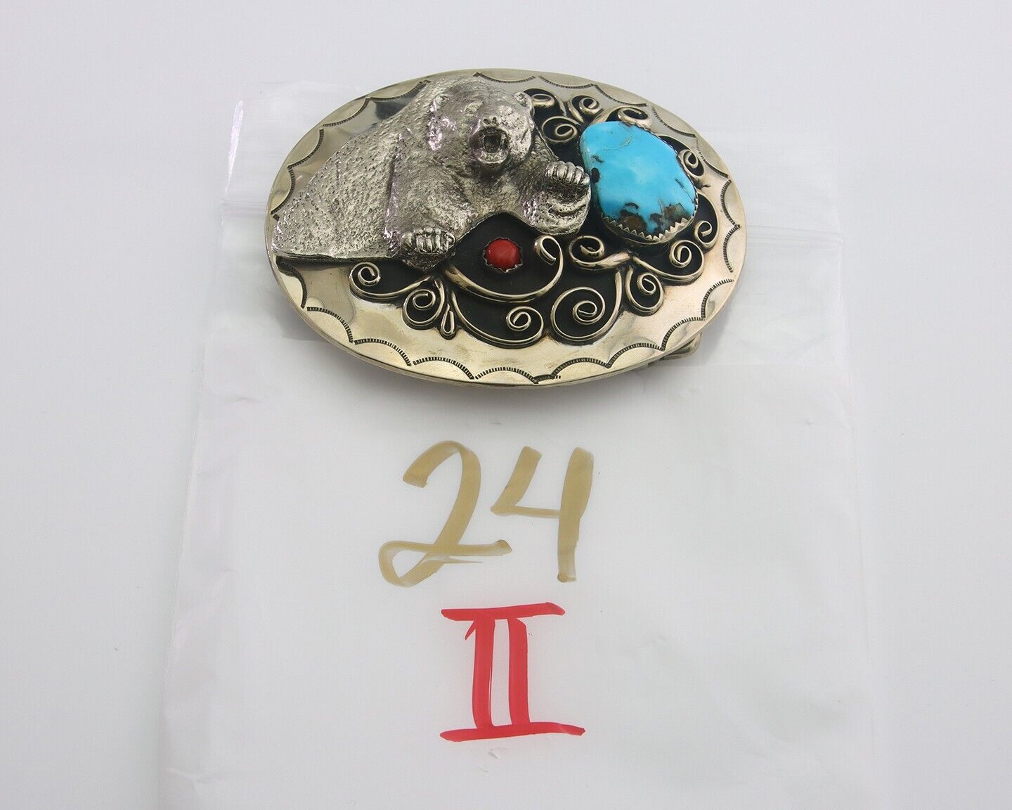 Navajo Belt Buckle .999 Nickel Buffalo Gemstone Handmade 2.5 x 3.0 in C.80's