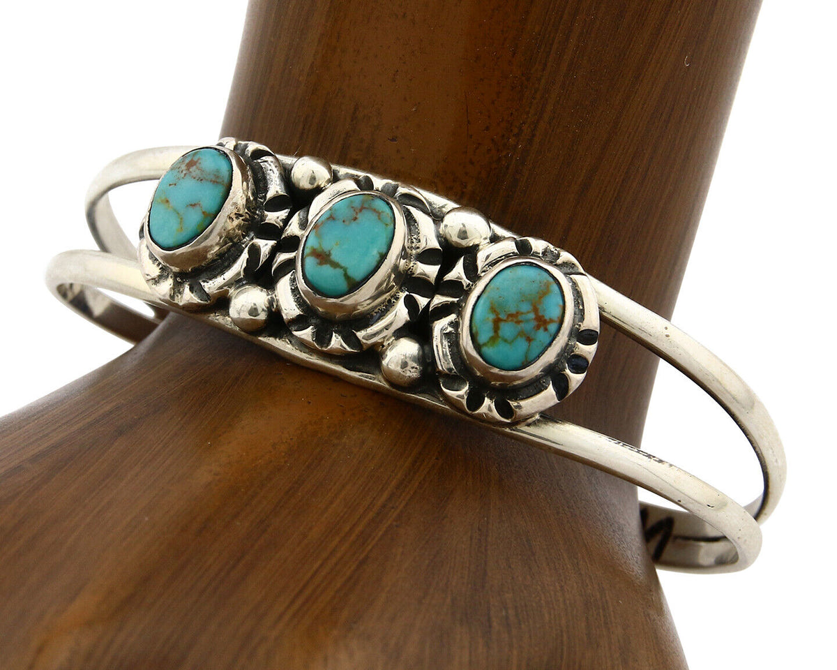 Navajo Bracelet .925 Silver Turquoise Mountain Signed Calvin Peterson C.80's
