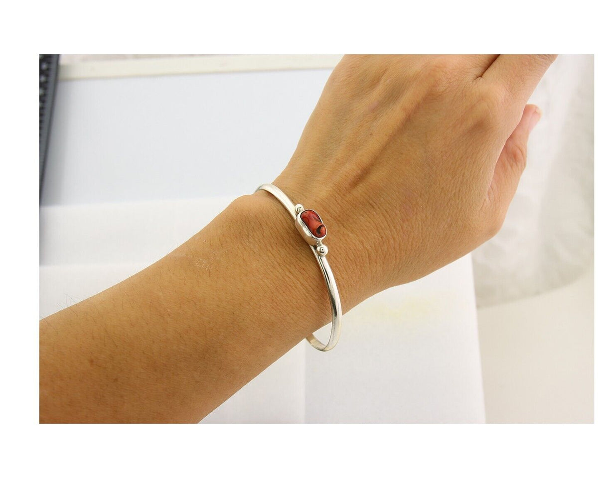 Navajo Bracelet .925 Silver Mediterranean Red Coral Cuff Native Artist C.80's