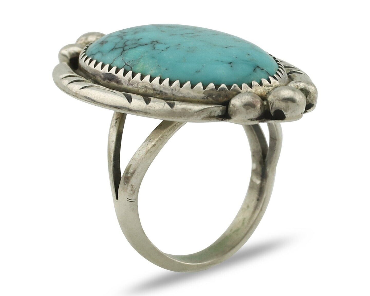Navajo Ring 925 Silver Natural Spiderweb Turquoise Native American Artist C.80's