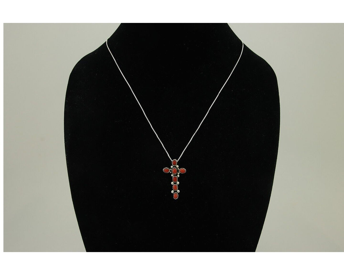 Navajo Cross Necklace 925 Silver Mediterranean Coral Native American Artist C80s