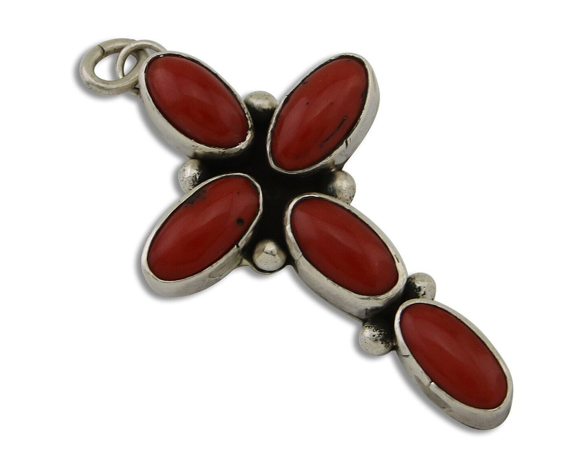 Navajo Cross Pendant 925 Silver Mediterranean Coral Signed J Tso C.80s