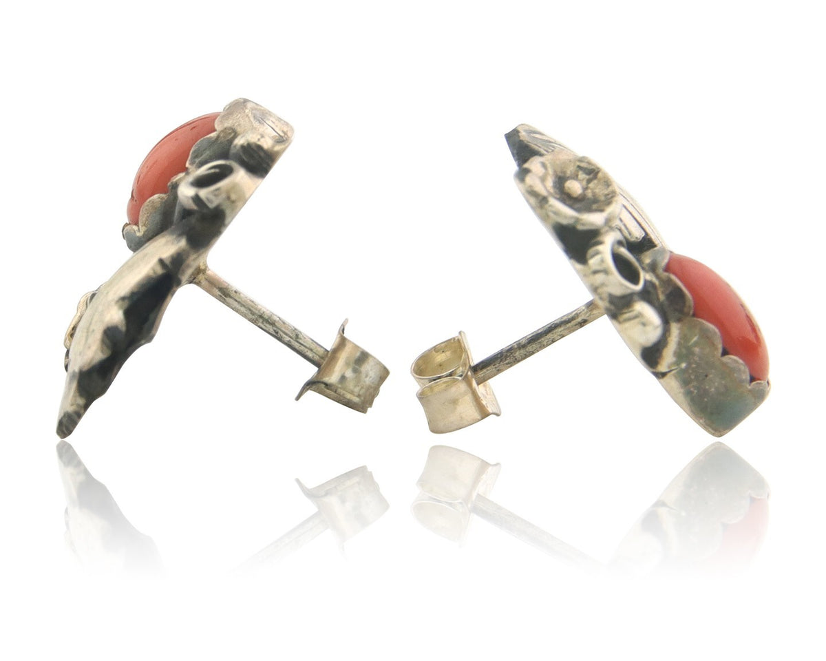 Navajo Earrings 925 Silver Natural Coral Native American Artist C.80's