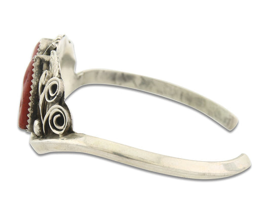 Vintage Navajo Bracelet 925 Silver Red Coral handmade Signed Justin Morris