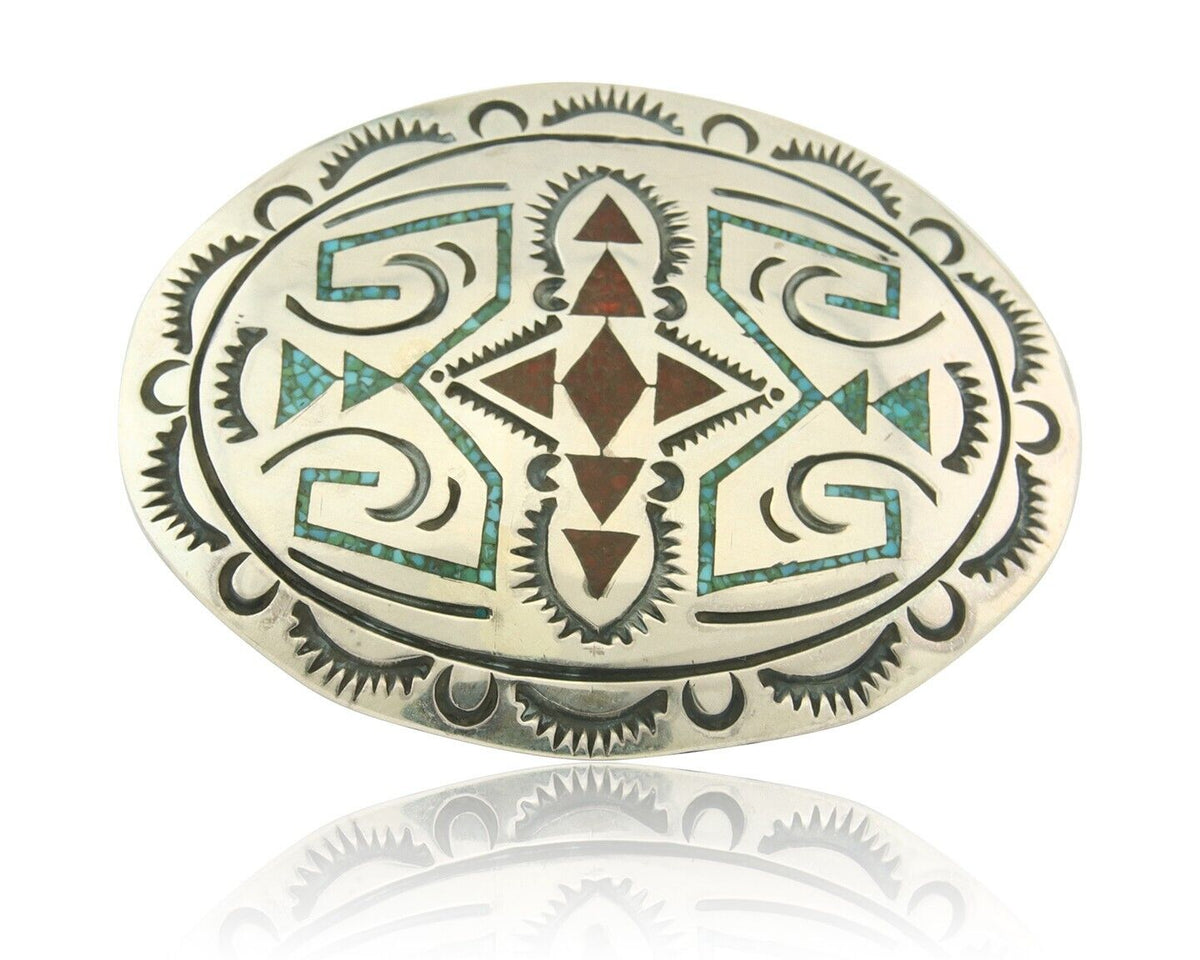 Vintage Navajo Belt Buckle 925 Silver Handmade Inlaid Gemstone Stanely Bain