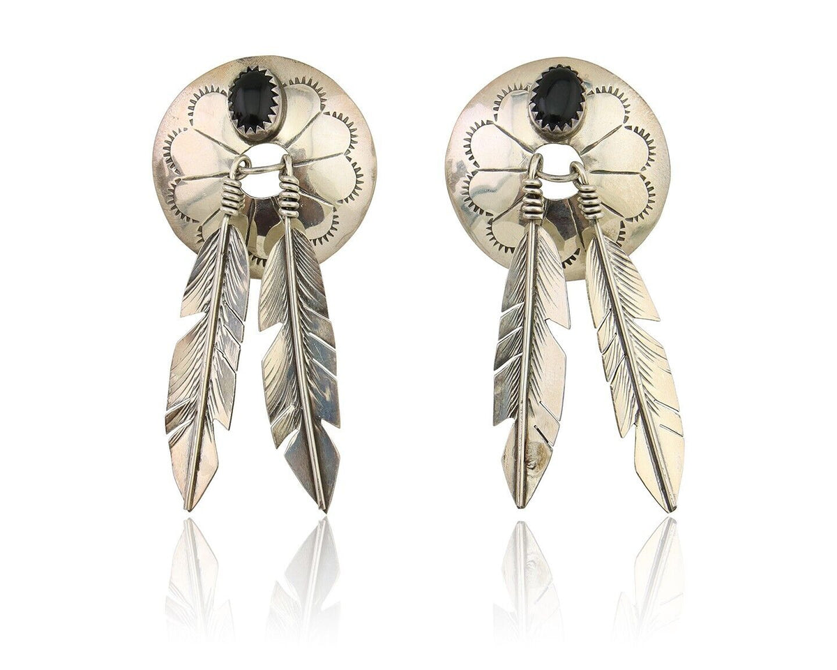 Navajo Handmade Earrings 925 Silver Onyx Native American Artist C.80's