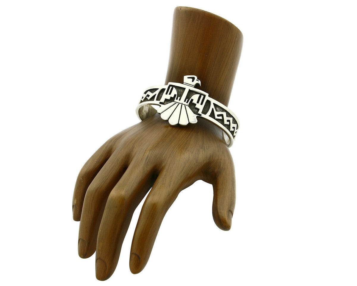 Navajo Handmade Bracelet .925 Silver Thunderbird Overlay Cuff