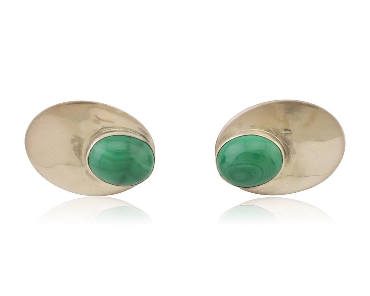 Navajo Shield Earrings 925 Silver Natural Malachite Signed Ella Peters C.80's