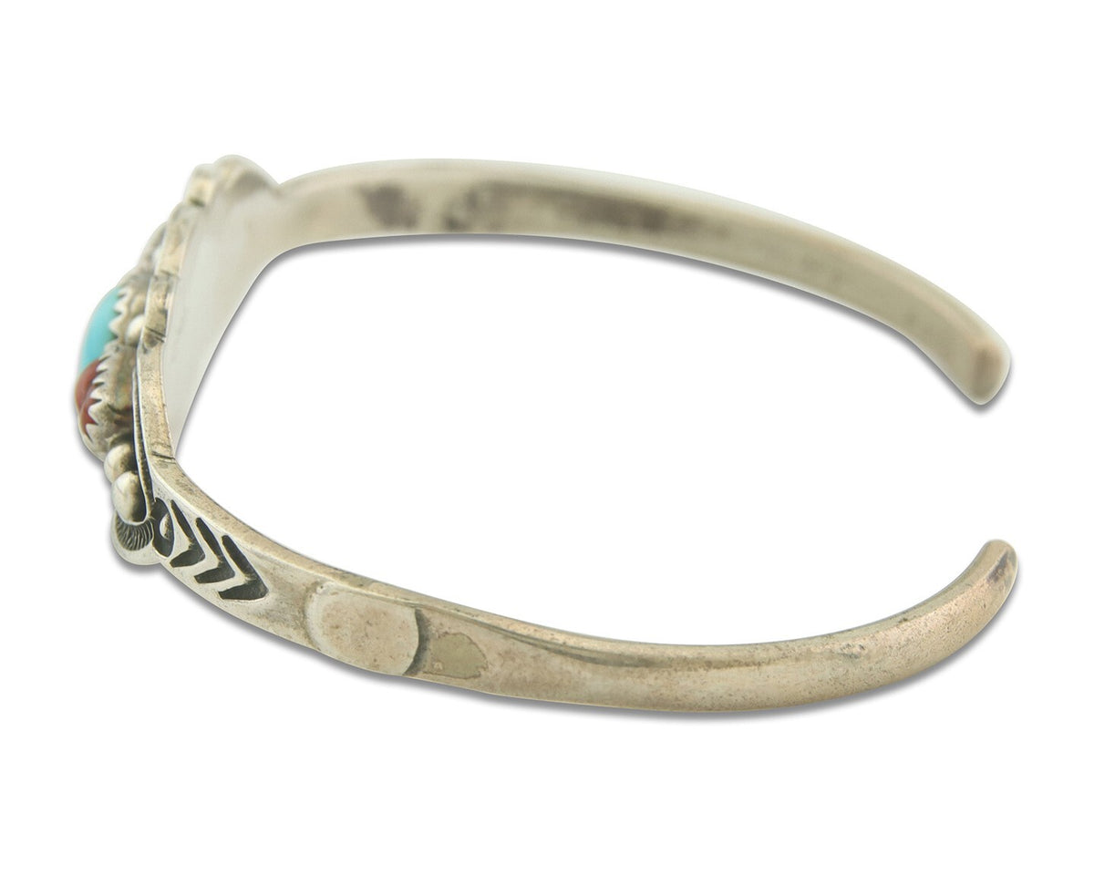 Navajo Bracelet 925 Silver Coral & Turquoise Cuff Signed Running Bear C.80's