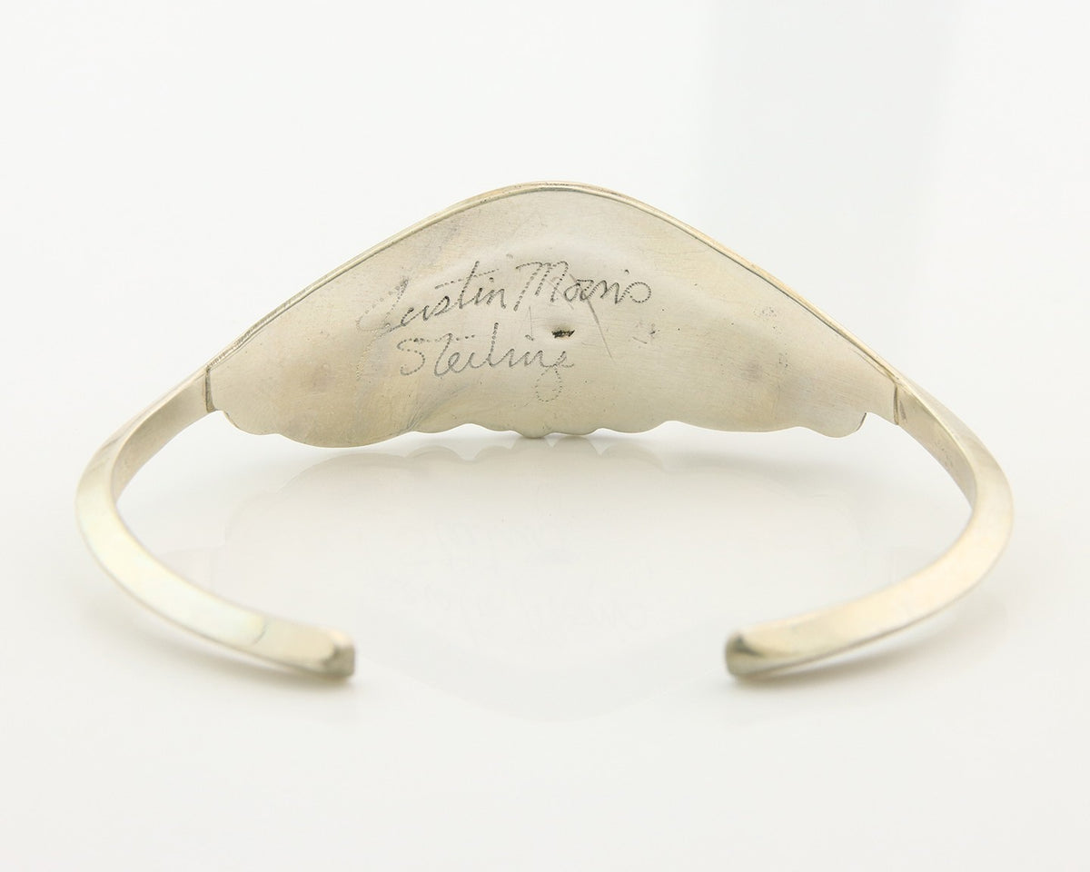 Navajo Cuff Bracelet Sterling Silver Natural Coral Turquoise Sign Justin Morris