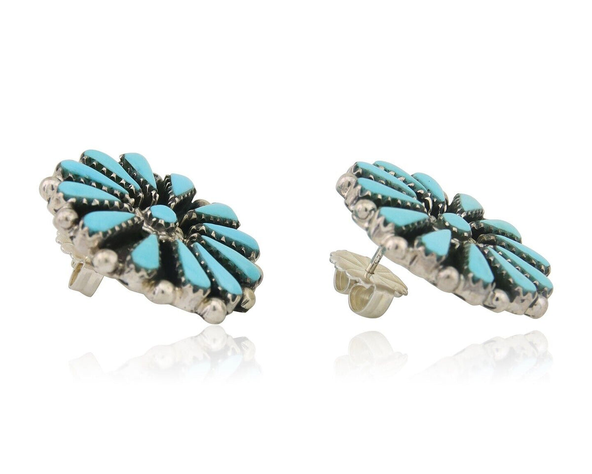 Navajo Petit Point Earrings 925 Silver Turquoise Signed Benson Yazzie C.80's
