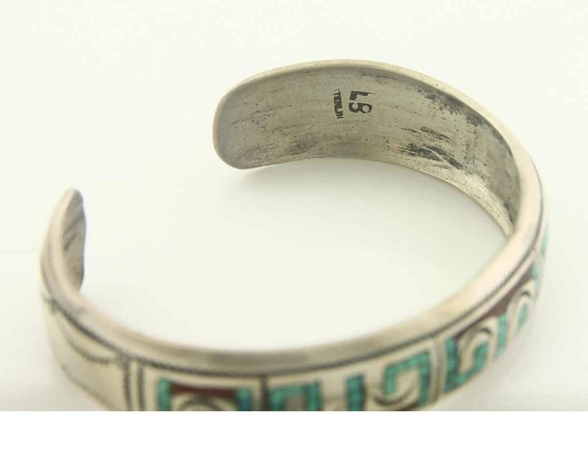 Navajo Bracelet 925 Silver Inlaid Coral Turquoise Cuff Artist Signed LB C.80's