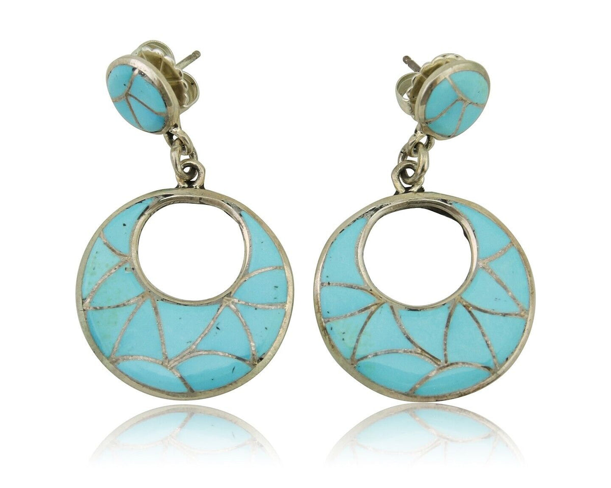Zuni Dangle Earrings 925 Silver Natural Blue Turquoise Signed ELB C.80's