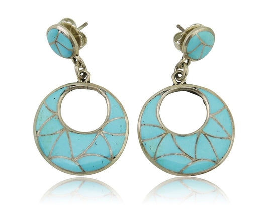 Zuni Dangle Earrings 925 Silver Natural Blue Turquoise Signed ELB C.80's