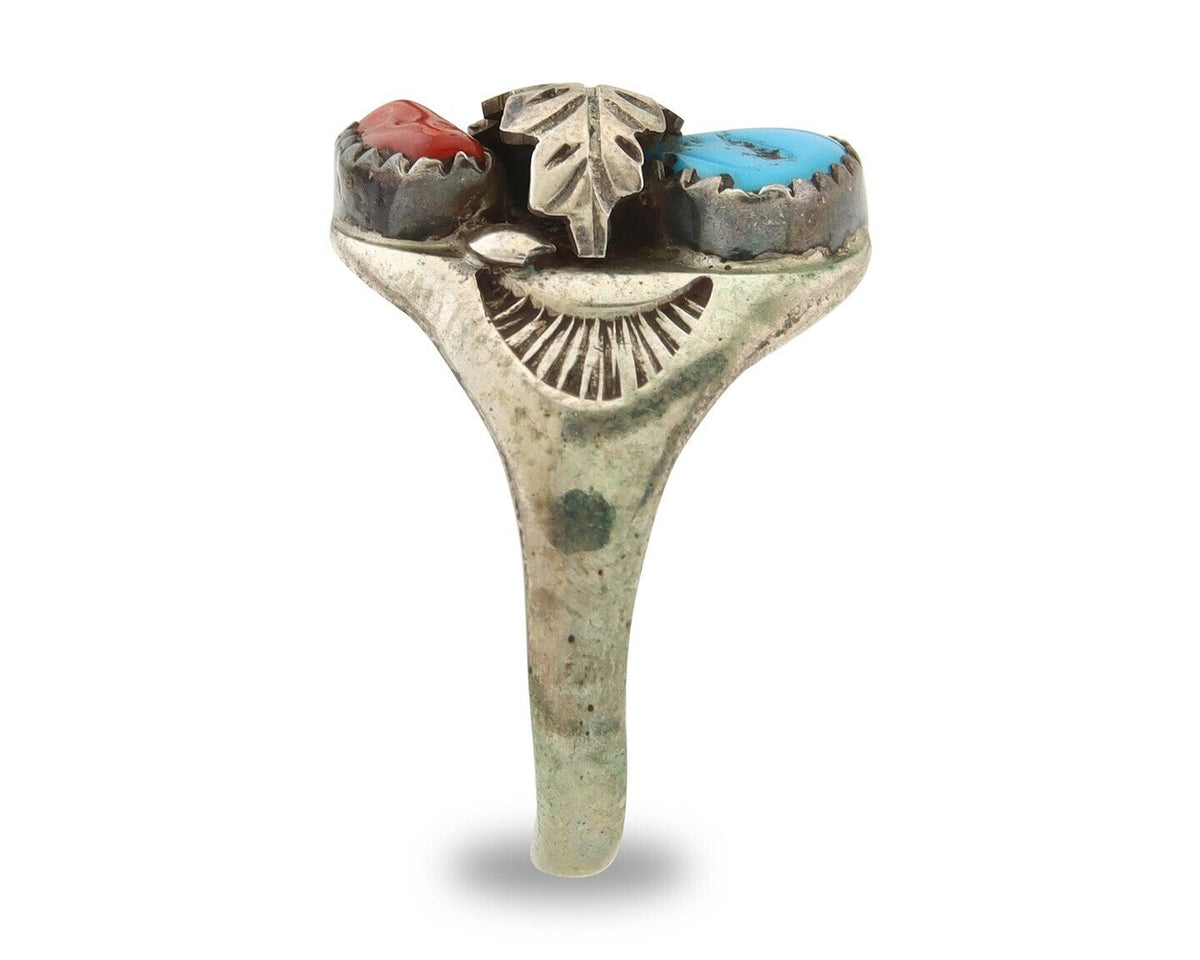 Navajo Ring 925 Sterling Turquoise & Coral Native Artist C.80's Size 10