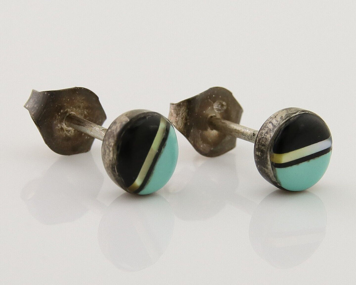 Navajo Earrings 925 Silver Inlaid Natural Onyx & Turquoise Native American C.80s