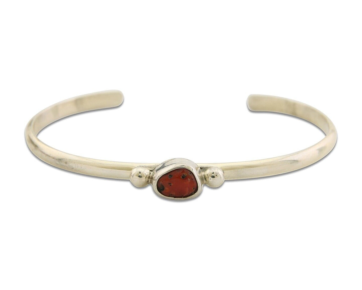 Navajo Bracelet .925 Silver Natural Red Coral Cuff Native American Artist C.80's