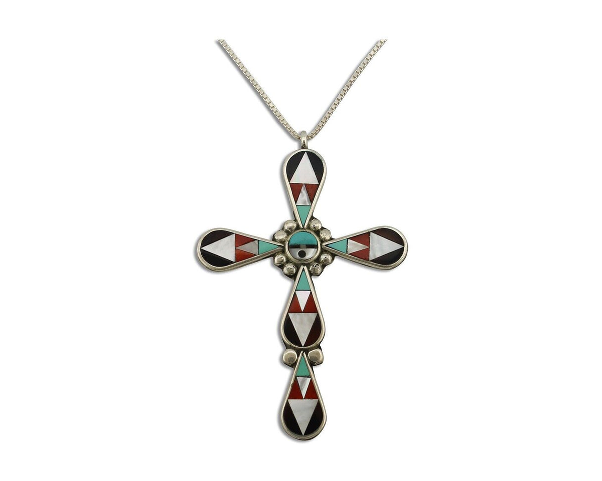 Zuni Cross Pendant 925 Silver Natural Gemstone Zeno & Maryann Edaaki C.80's