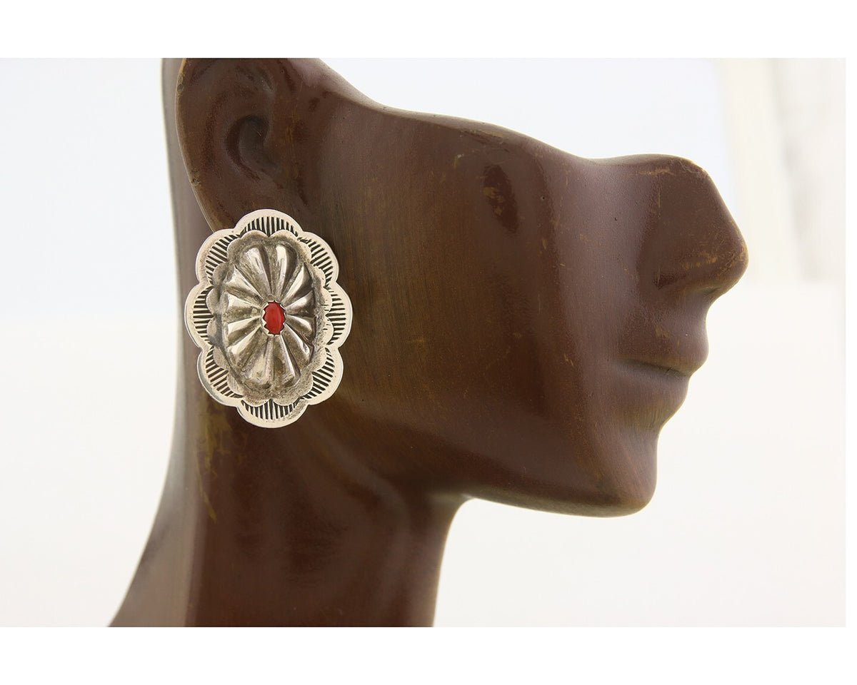 Navajo Earrings 925 Silver Natural Coral Native American Artist C.80's