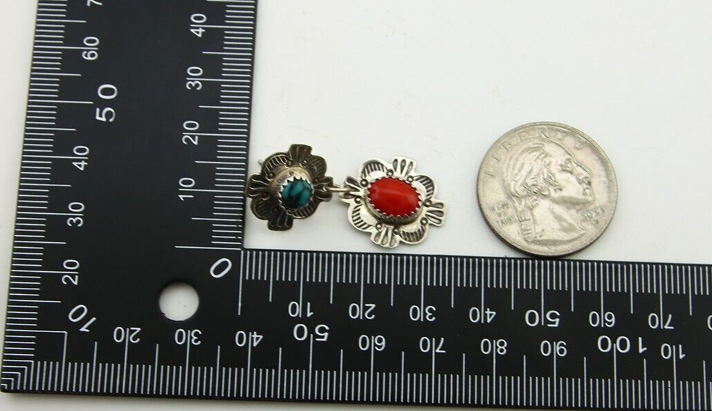 Navajo Earrings 925 Silver Turquoise & Coral Artist Signed Mary Ellen C.80's