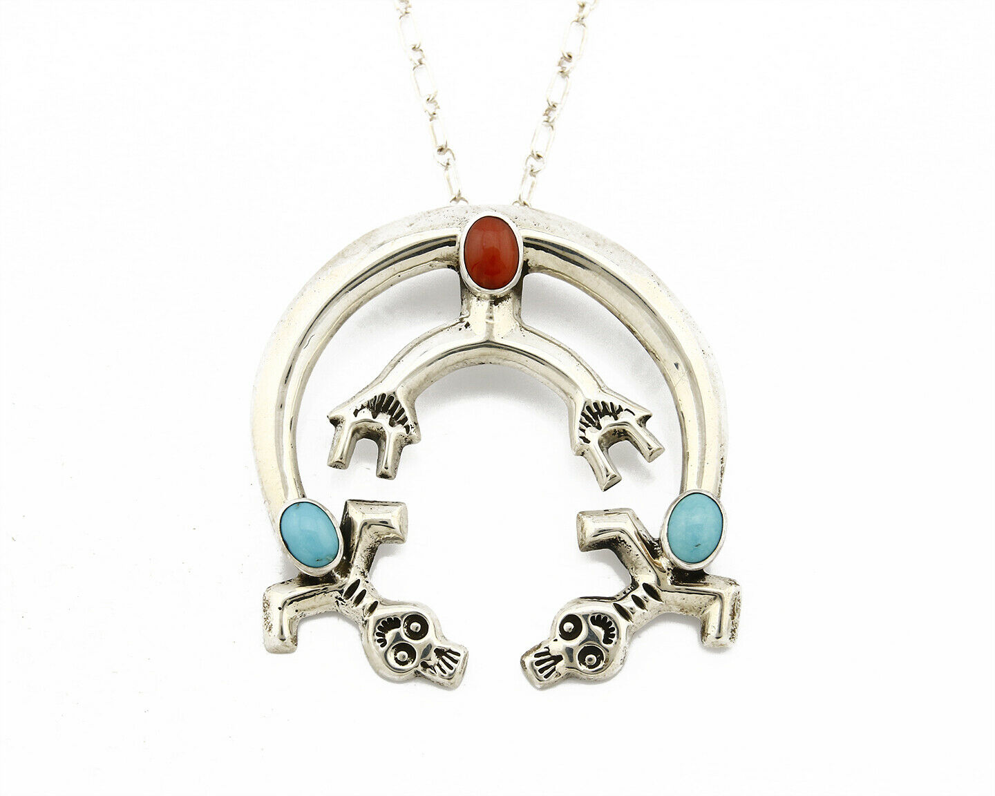 Navajo C.1980's Natural Turquoise & Coral .925 Silver Naja Necklace