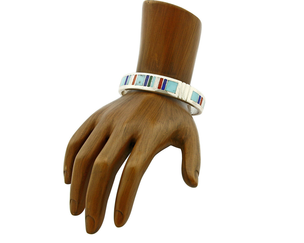 Navajo Artist Signed EDD.B. Gemstone Inlaid .925 Silver Cuff