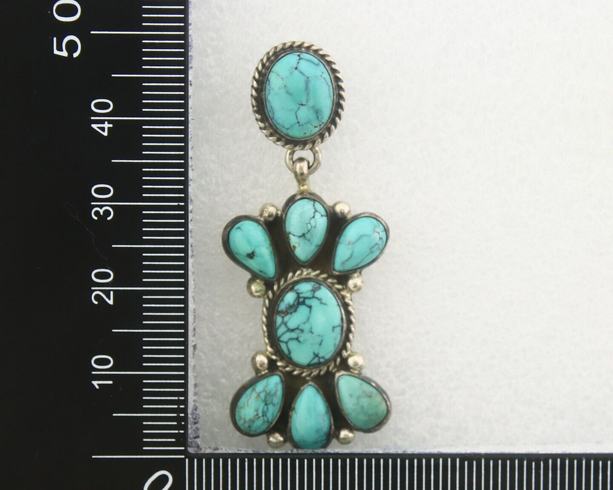 Navajo Earrings 925 Silver Handmade Natural Turquoise Signed Geneva JA C.80's