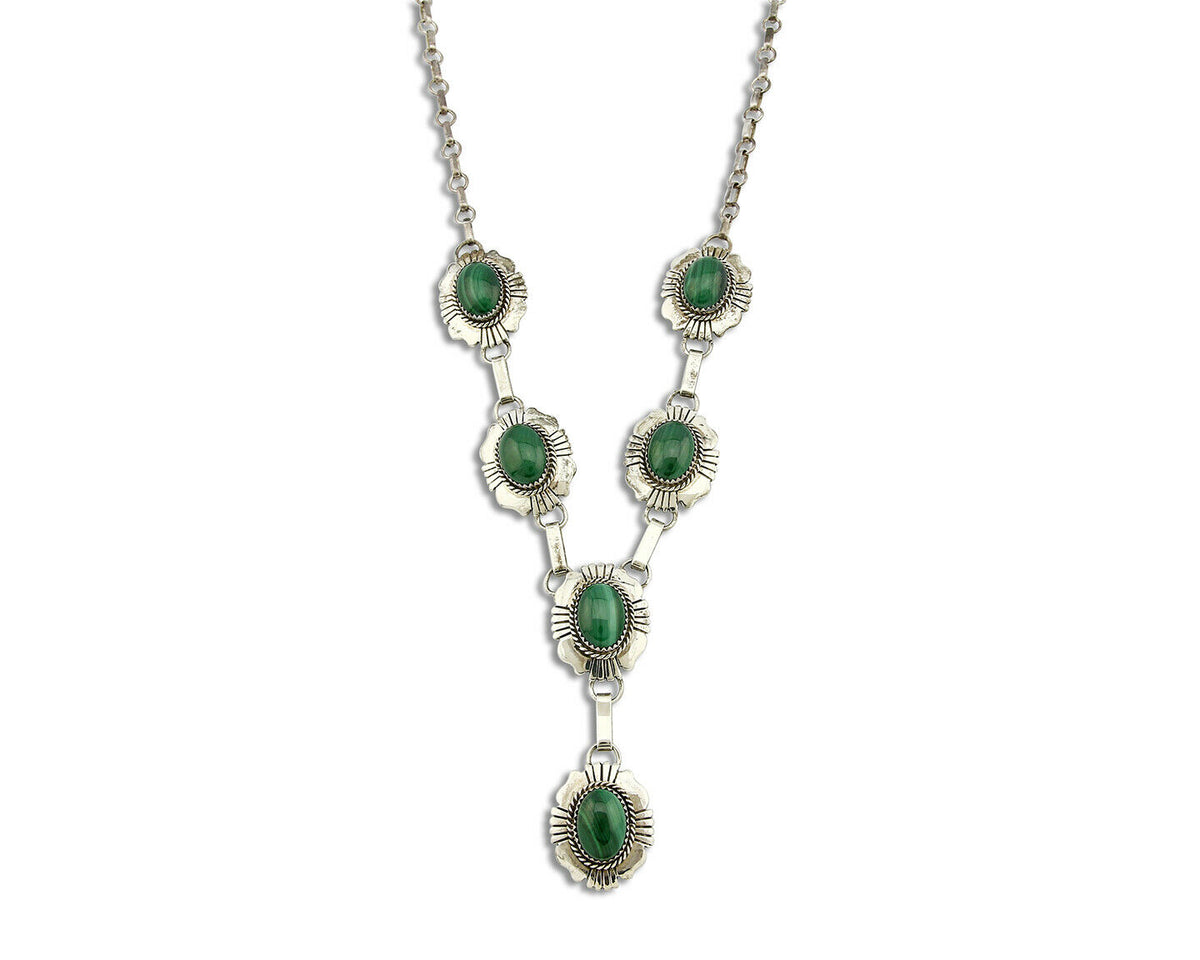 C.80-90's Navajo William Denetdale .925 SOLID Silver Natural Malachite Necklace