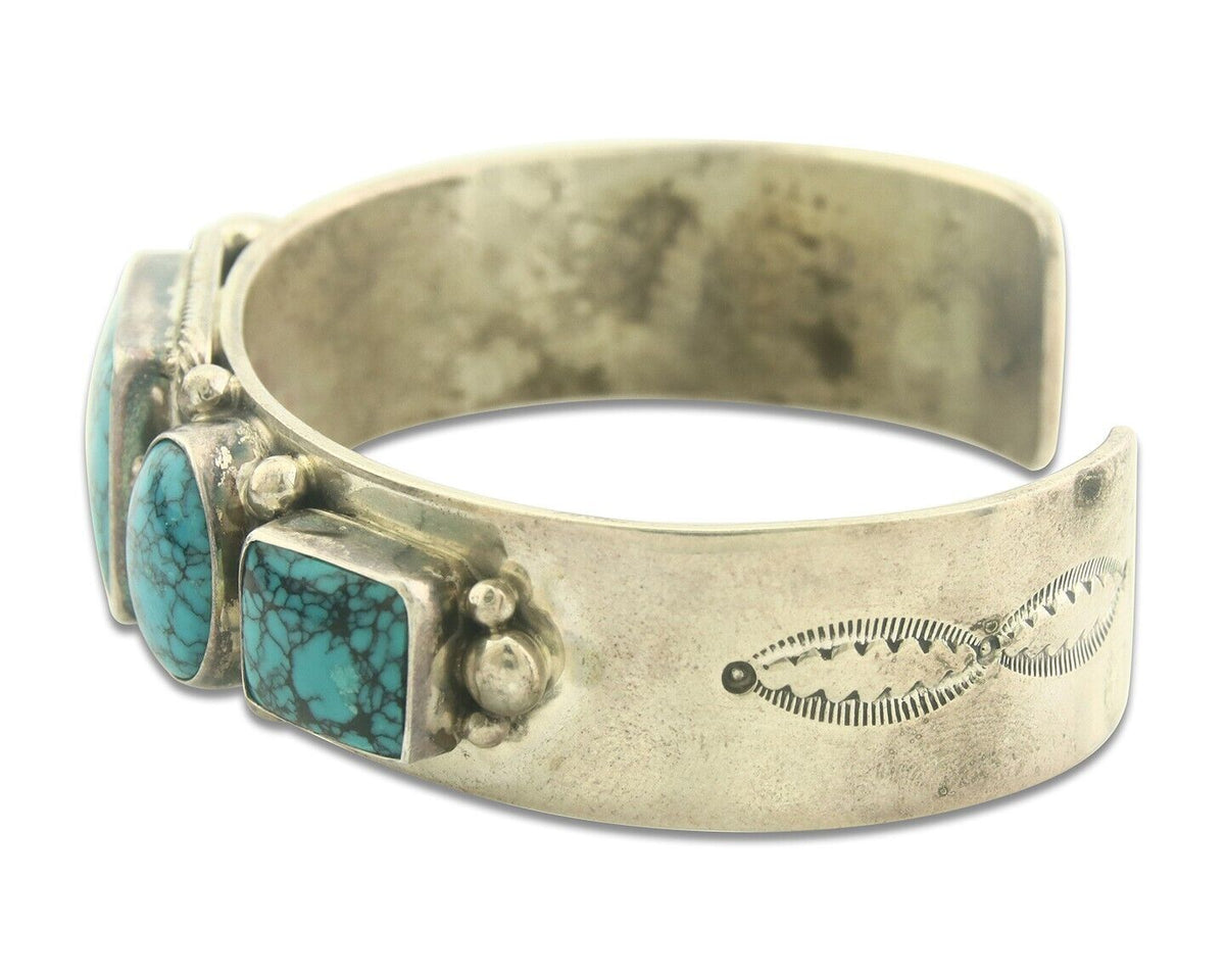 Men Navajo Bracelet 925 Silver Turquoise Cuff Signed ROIE JAQUE C.80's