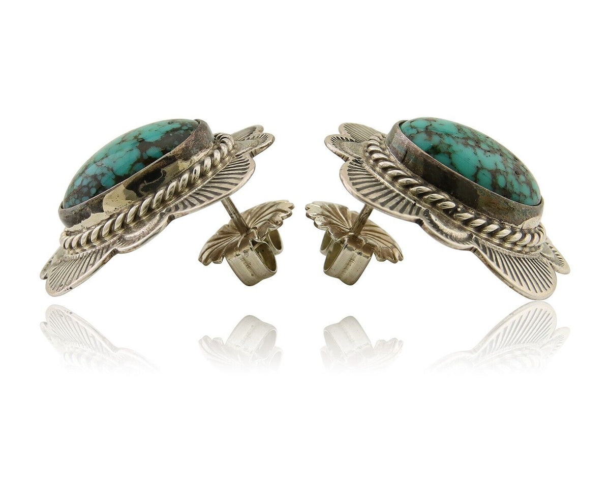 Navajo Earrings 925 Silver Inlaid Turquoise Artist Signed William Denetdale C80s