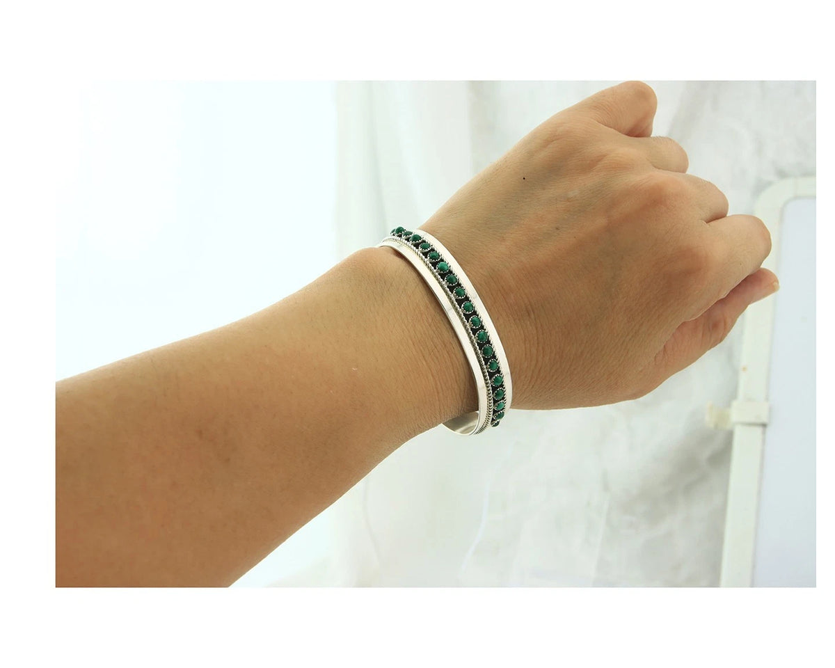 Navajo Cuff Bracelet Sterling Silver Malachite Vintage Signed Patrick Yazzie
