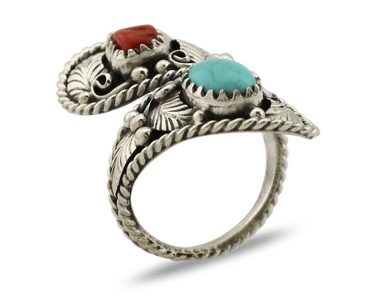 Navajo Adjustable Ring 925 Silver Turquiose & Coral Signed Broken Arrow C.80's