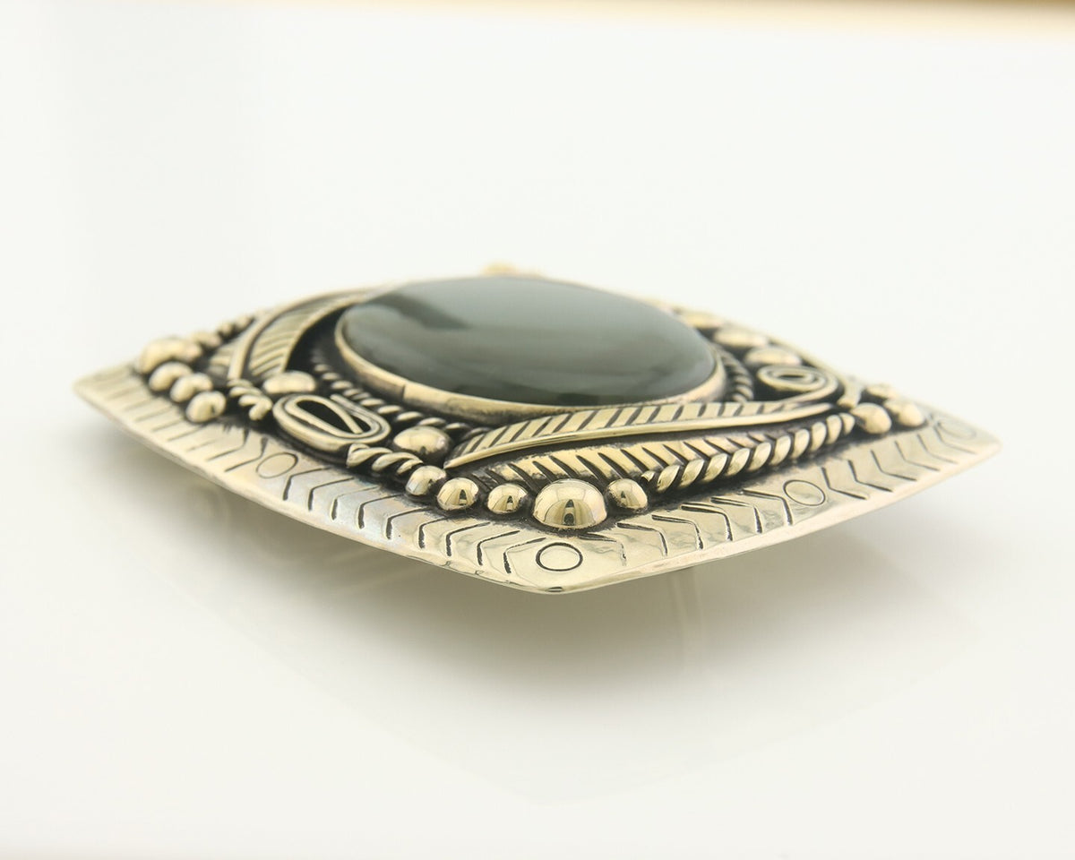 Navajo Belt Buckle .999 Nickel Agate Native Artist Handmade 2.5 x 3.0 in C.80s