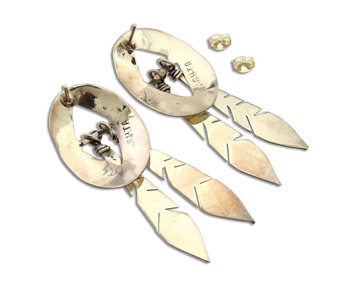 Navajo Feather Earrings 925 Silver Dangle Artist Signed DISHTA C.80's