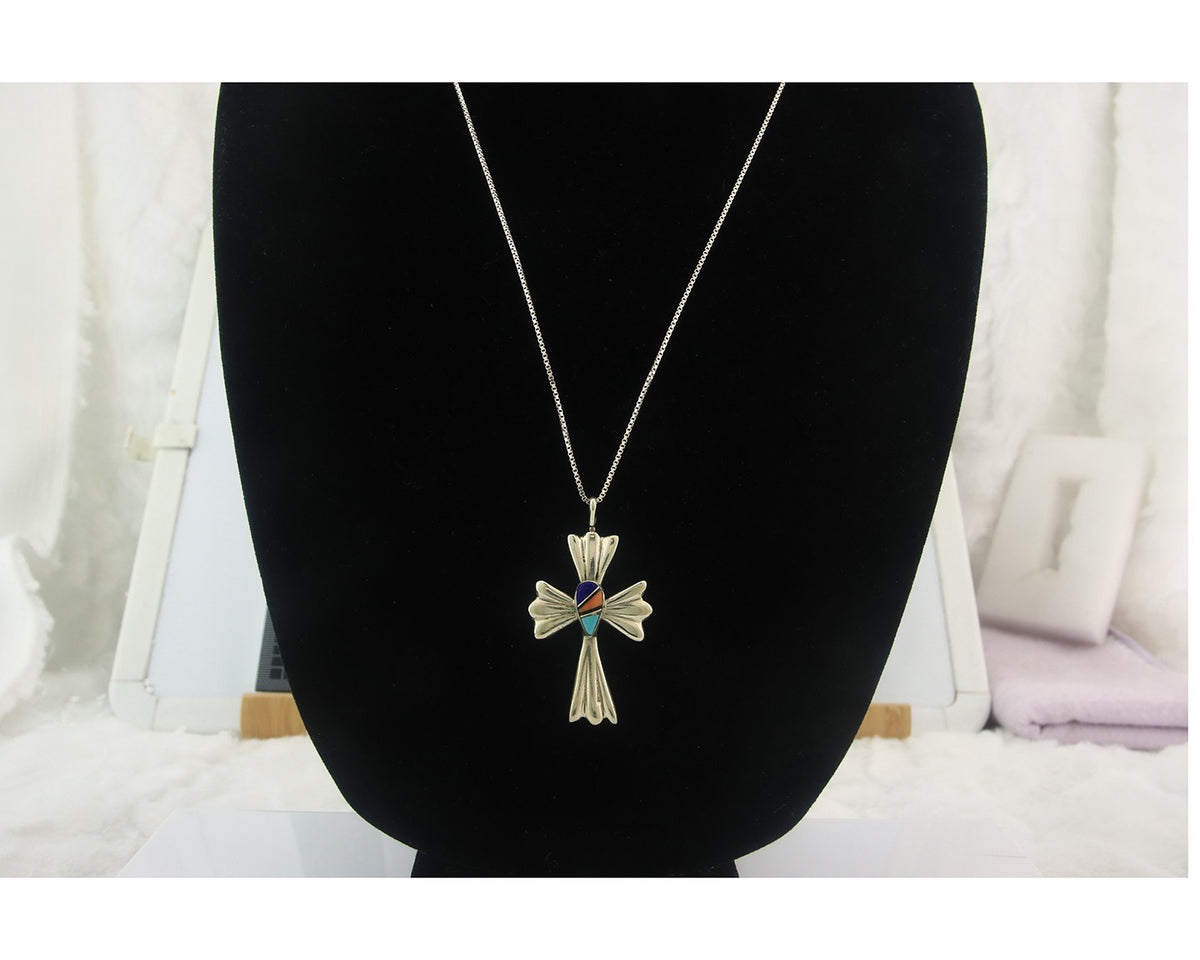 Navajo Cross Necklace Sterling Silver Authentic Natural Gemstones Signed M