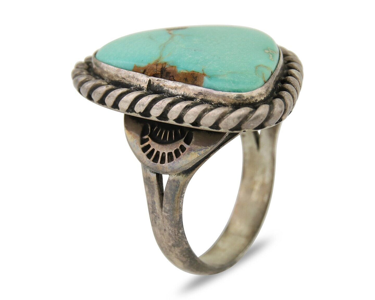 Men Navajo Ring 925 Silver Natural Slab Turquoise Signed Sunset C.80's