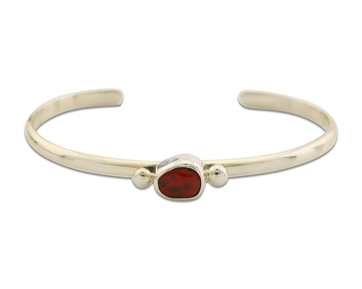 Navajo Bracelet .925 Silver Mediterranean Red Coral Cuff Native Artist C.80's